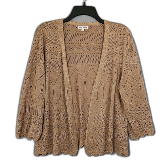 Kathy Ireland Gold Knit Cardigan Size Large Scalloped Hem 3/4 Sleeve - Picture 1 of 7